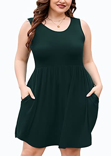 Image of AusLook Plus Size Summer Tank Dress for Women Casual Sleeveless Crewneck Pleated Babydoll Swing Sundresses with Pockets 1X-5X