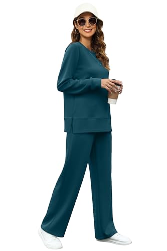 Image of OFEEFAN Women's 2 Piece Lounge Set Travel Airport Outfits Side Slit Tracksuit Wide Leg Loungewear Baggy Comfy Sweatsuit S-3XL
