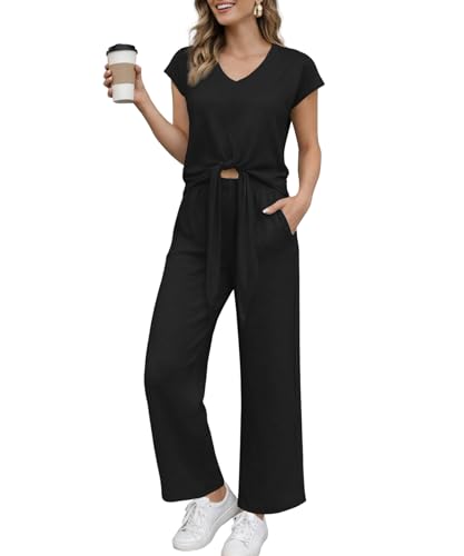 KUOTAI Womens 2 Piece Pant Sets V Neck Tie Front Cap Sleeve Top Wide Leg Pants with Pockets Summer Casual Matching Outfits, Black, XX-Large
