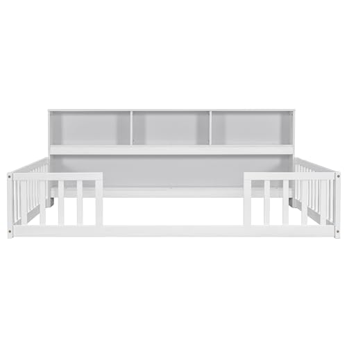 Full-Montessori-Floor-Bed-with-Bedside-Bookcase-Shelves-for-Girls-BoysFull-Size-Floor-Bed-wSafety-Guardrails-for-GirlsBoysNo-Box-Spring-Needed-White Full Montessori Floor Bed with Bedside Bookcase Shelves for Girls BoysFull Size Floor Bed wSafety Guardrails for GirlsBoysNo Box Spring Needed White
