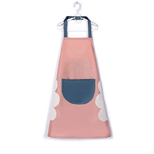 防水耐油キッチンエプロン 首掛け 手拭き箇所付き 両側に手拭き布が1枚ずつある - おしゃれ 大容量ポケット PVC素材エプロン 汚れにくい シワ防止 カフェ 家庭料理教室用エプロン ピンク