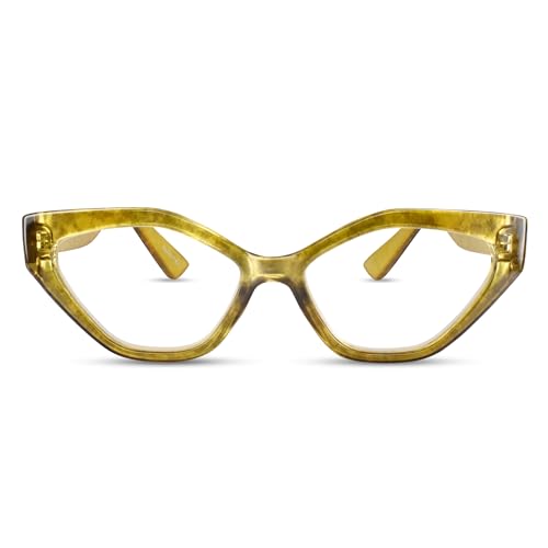 Rich Green Gold Geometric Cat Eye Reading Glasses for Women to Look Stylish with High Vision - Comfortable All Face Shape Womens Reading Glasses - Solid Readers For Women - Reading Glasses 3.0