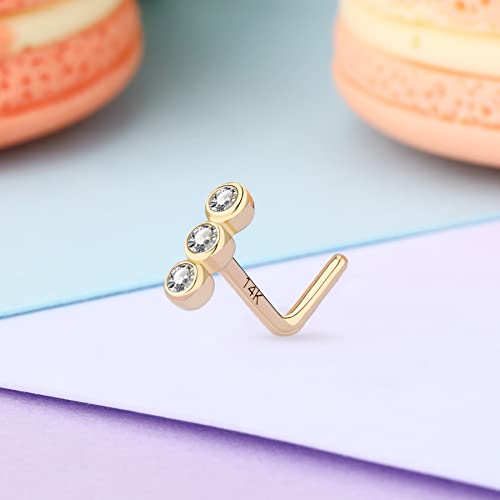 Meiighting 14K Gold Nose Stud L Shaped Nose Ring 20G With Round Cubic Zirconia Nose Piercing Jewelry For Women Men Real Gold #TOP3