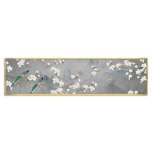 Image of White Floral Love Bird Nature Large Canvas Painting Framed Panel Wall Painting, Framed Luxury Paintings for Home Decoration, Living room, Bedroom & Office Decor - Grey, 13x47 Inch