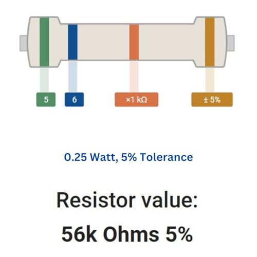 Image of 56k Ohm Resistor 1 /4W 5% Tolerance, Pack of 100 (56k Ohm)