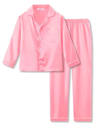 Tebbis Satin Pajamas for Girls - Neon Pink Cute Silky Long Sleeves & Pants Sleepwear PJ Set Size 6/7-16