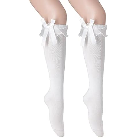 SRYL Women Girl's Cotton Knee High Socks with Lace Ruffle Trim Socks, Calf Socks Bow Style (2 Pairs-white) Cover