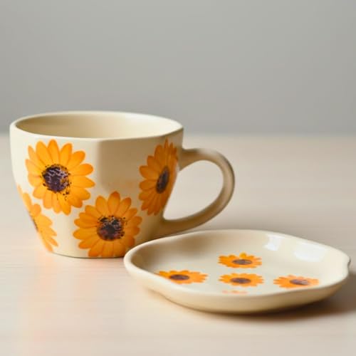 Image of WEAVING HOMES Handcrafted Ceramic Mug & Dessert Plate to Gift to Best Friend and Love Microwave Safe Surajmukhi Mug & Dessert Plate (Set of 2, Multicolor)