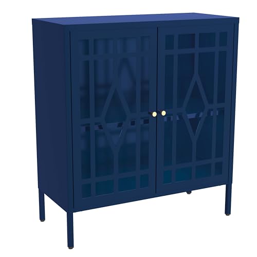Aqetbfi Armario de almacenamiento de doble puerta para el hogar, sala de estar, con vidrio templado y partición, gabinete de almacenamiento portátil, color azul, 35 cm de profundidad x 80 cm de ancho