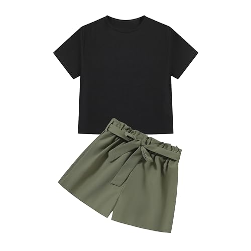 Image of Girl's 2 Piece Outfits Short Short Sleeve Crop Top and Cute Print Shorts Sets with Belt 2 Piece Summer Clothes