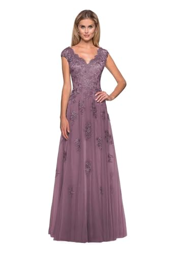Mother of The Bride Dresses Cap Sleeve V-Neck Long Tulle Formal Evening Gowns for Women with Pockets