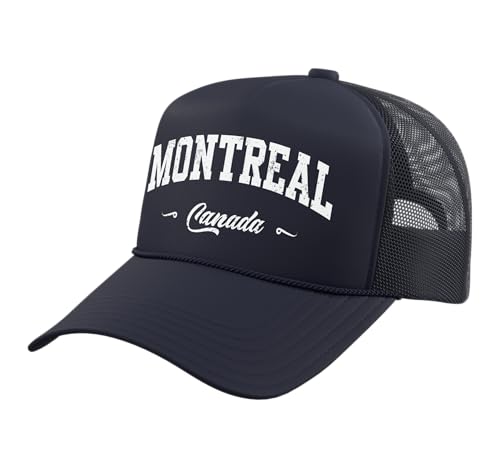 Montreal Canada Sport Souvenir Varsity Style Trucker Hat with Adjustable Mesh Back, Navy Blue