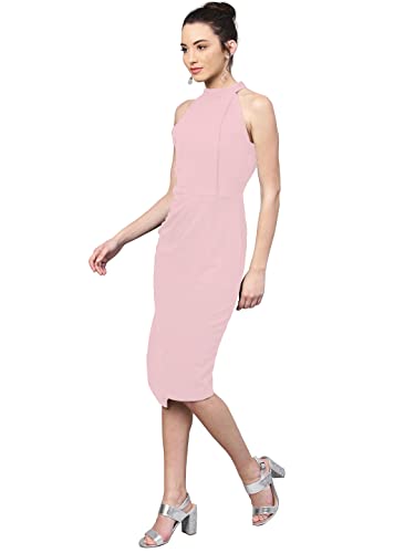 Image of Shasmi Women's Comfortable Red Halter Neck Sleeveless Solid Midi Bodycon Casual Western Stylish Dress