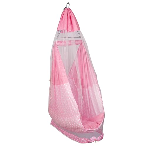 Image of Little chime window cradle hanger with bassinet with bed, pillow, mosquito net, Cotton, Pink