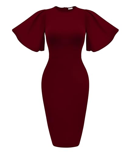 Image of Memoriesea Women's Basic Bodycon Ruffle Flared Short Sleeve Pencil Midi Dress