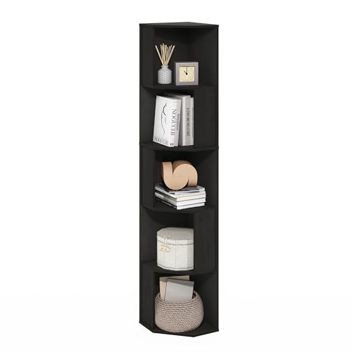 Image of Furinno ECON Corner Shelf, 5-Tier Corner Book Shelf, Standing Storage Shelves, Cube Display Rack, Bookshelf, for Organization and Storage, Living Room, Home Office, Espresso