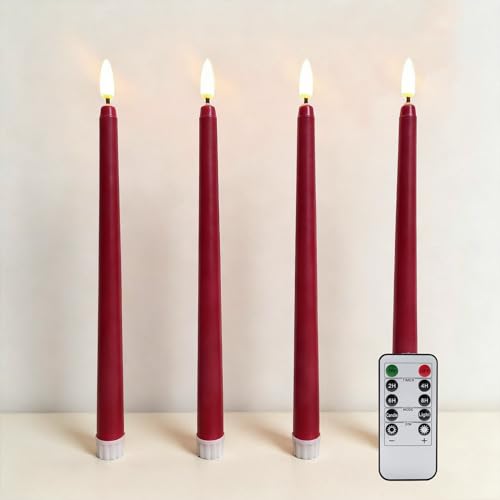 Image of Burgundy Flameless Taper Candles with Remote, Flickering Battery LED Candlesticks Home Decor Set of 4