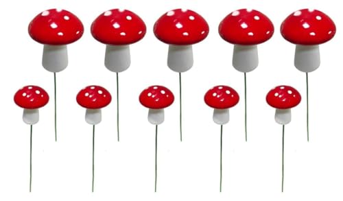 10 Pcs Red Garden Stakes Mushroom, Garden Stakes Decorative, Miniatures Indoor Outdoor Silhouette Fairy Garden Lawn Yard Decorations Lawn Inset Craft Decorative Garden Outdoor Decor