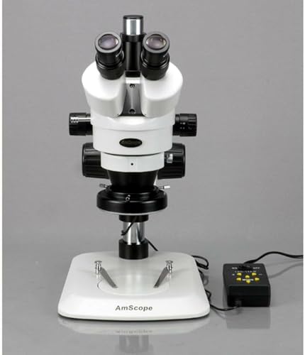 Image of AmScope SM-1TNZ-144A-5M Digital Professional Trinocular Stereo Zoom Microscope, WH10x Eyepieces, 3.5X-90X Magnification, 0.7X-4.5X Zoom Objective, Four-Zone LED Ring Light, Pillar Stand, 110V-240V, Includes 0.5X and 2.0X Barlow Lenses and 5MP Camera with Reduction Lens and Software