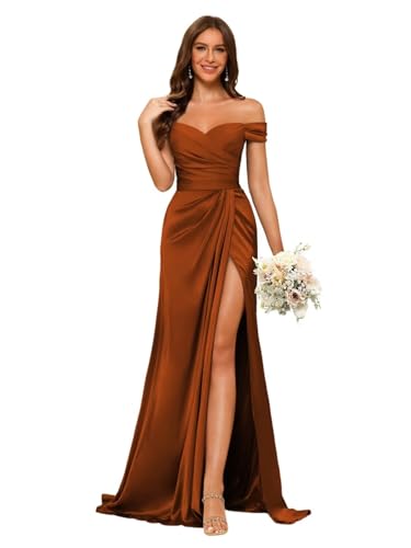 Dessiny Women's Off Shoulder Mermaid Bridesmaid Dresses 2025 with Slit Long Ruched Satin Prom Dresses DE201