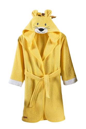ELY PARKER Albornoz para Niño, Tela de Toalla de Algodón Turco, con Capucha, León, Amarillo (3-4 Años) Súper Suave, Absorbente, Cómodo, Grueso