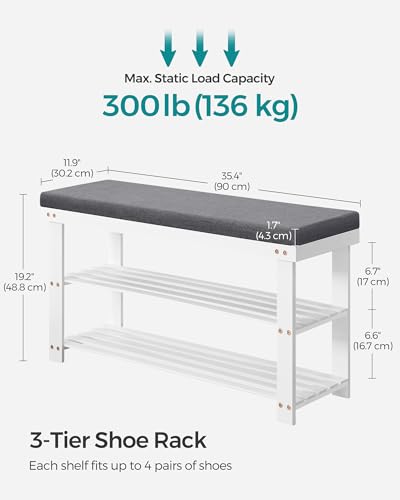 Image of SONGMICS Bamboo Shoe Bench, 3-Tier Shoe Rack Organizer for Entryway, Living Room, Bench Seat Holds Up to 300 lb, 11.9 x 35.4 x 19.2 Inches, Cloud White and Slate Gray ULBS904W01