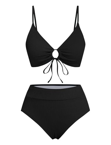 Image of ZAFUL Bikini Sets for Women String 2 Piece Swimsuits High Waisted Bathing Suit V Neck Cut Out Swimwear