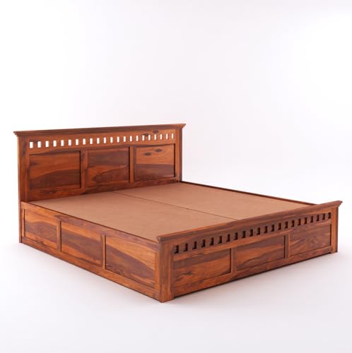 Image of Wooden Queen Size Bed with Storage Box Solid Wood Foldable for Bedroom | Wooden Folding Cot Queen Size Bed Frame (Queen Size, Honey Finish, 1 Piece)