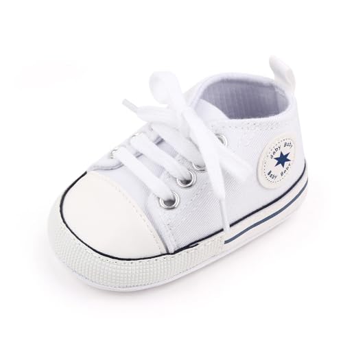 Image of Unisex Baby Boys Girls Shoes, Newborn Infant Non-Slip Canvas Denim High Top Sneakers, Toddler First Walkers Shoes