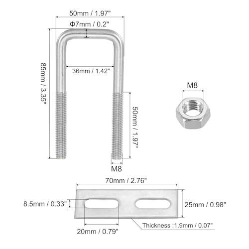 Image of PATIKIL M8x35x85mm Square U-Bolts Kit, 2Set 304 Stainless Steel Square U Shaped Bolts Replacement Parts with Frame Plates and Nuts for Ski Board Sailboat Trailer