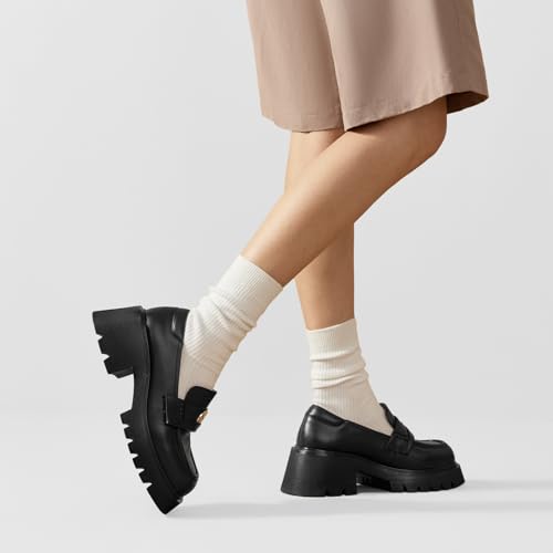 Image of BEAU TODAY Chunky Loafers Women Platform Penny Leather Lug Shoes