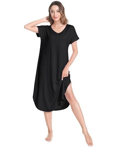 Image of NACHILA Nightgowns for Women-Viscose Made from Bamboo, V Neck Sleepshirts Short Sleeve Sleepwear Cool Nightshirt