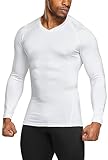 TSLA Men's Thermal V-Neck Long Sleeve Compression Shirts, Athletic Base Layer Top, Winter Gear Running T-Shirt, Heatlock V Neck White, X-Large