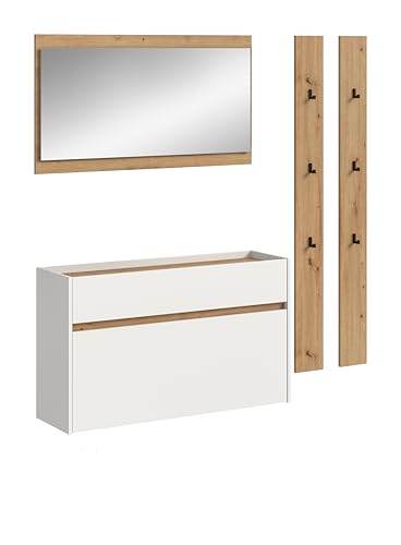 xonox.home – 4 teilige Garderobenkombination Drive 172x192x32 cm in Weiß und Artisan Oak Nachbildung – Set mit Spiegel, Paneel & Schuhkommode – Moderne Garderobe für Diele & Eingangsbereich
