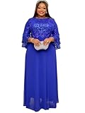Women Lace Chiffon Wedding Guest Dress Plus Size Beaded 3/4 Long Puffy Sleeve African Formal Wedding Gown Royal Blue L