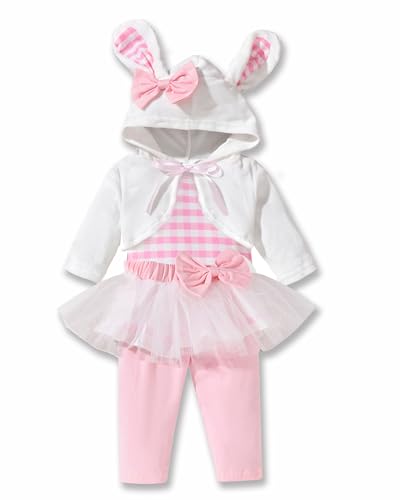 fioukiay Baby Girl Easter Clothes Infant Outifts Cardigans Coat+Long Sleeve Romper+Leggings Tutu Pants 3PC Clothing Sets(White Bunny, 3-6 Months)