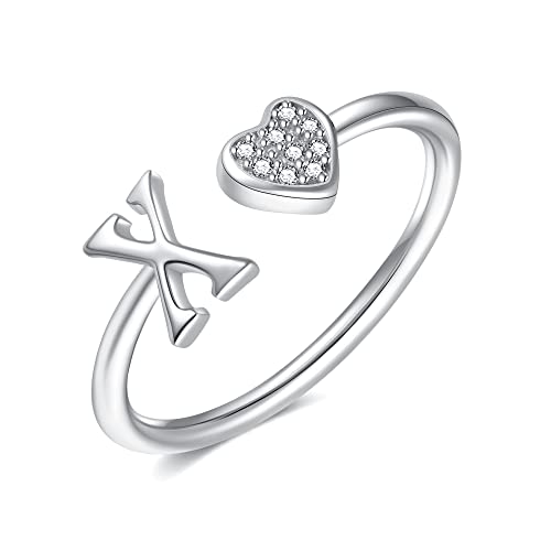 Image of Initial Rings for Teen Girls - S925 Heart Sterling Silver Rings for Teen Girls | 14K Gold /Rose Gold /Sterling Silver Plated Ring for Girls Kids Women Ring for Teenager Girls Gifts Adjustable, No Tarnish, Hypoallergenic