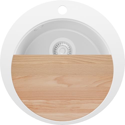 PRIMAGRAN Evier cuisine Granit Rond Tout Blanc 50x50cm, Evier 1 bac + Kit de Vidage + Planche à Découper, Lavabo Cuisine al mueble 45cm - Pise S033