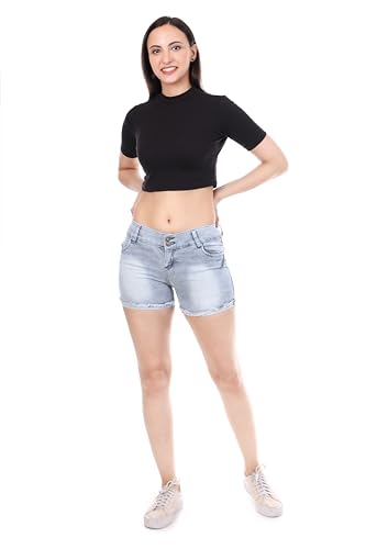 Image of Women's Stretchable Denim Shorts | Relaxed Fit | Low Rise | Frayed Hem | Casual Summer Wear