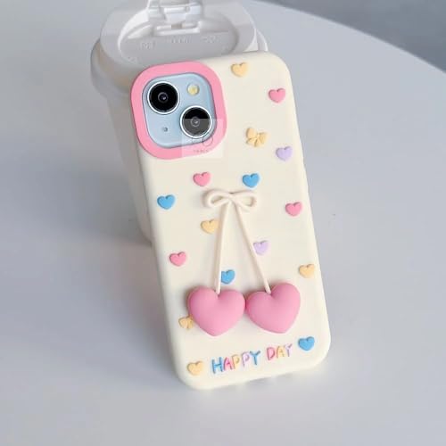 Image of MIDOS Cute 3D Cherry Heart Charm Phone Case for iPhone 14 Soft Silicone Protective Cover with Pastel Hearts and Bow Design Girls Case for iPhone 14
