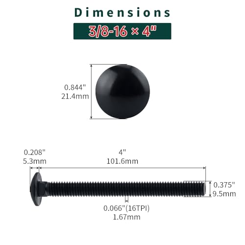 Image of 3 /8-16 x 4 Black Carriage Bolts with Nuts and Washers Kits (8 Sets), 304 Stainless Steel 18 /8, Black Finish, Round Head, Square Neck, Heavy Duty Bolts, Indoor Outdoor Fastening Bolts, Fayeploo