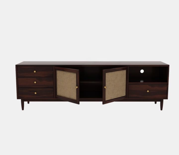 Image of Premium Solid Wood, 10 Minutes Assembly (Legs Only), Aesthetic Rattan Doors, Mid Century Entertainment Center for Living Room, TV Stand for 65 inch TV, Dark Chocolate (Walnut TK-26)