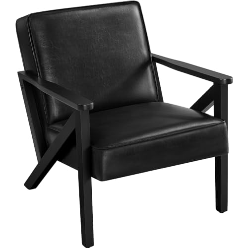 Yaheetech Sillón de Piel Sintética para Salón Sillón Relax con Resplado Pata Madera Sillón para Sala de Estar Oficina Recepción Negro