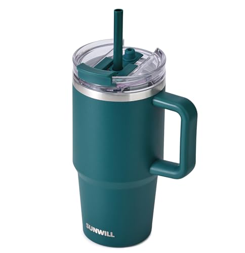 SUNWILL Coffee Tumbler with Handle, 20 oz Travel Mug with Lid and Straw Insulated, Stainless Steel Cup Leak Proof for Travel & Outdoor, Cupholder Friendly, Powder Coated Deep Teal