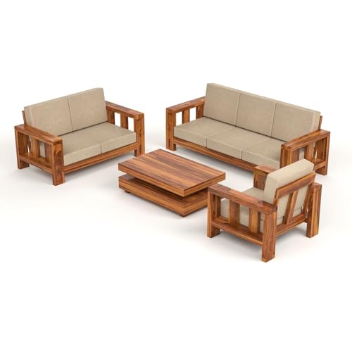 Image of Wooden Sofa Set 6 Seater for Living Room - Solid Sheesham Wood Sofa 6 Seater with Comfortable Cushion Seating | (Honey, 3+2+1)