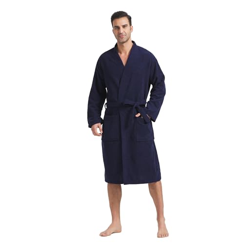 FashGudim Terry Cloth Robes for Men Big and Tall Short Mens Kimono Robe Super Absorbent Spa Bathrobe Calf Length With Pockets（Navy,XXL）