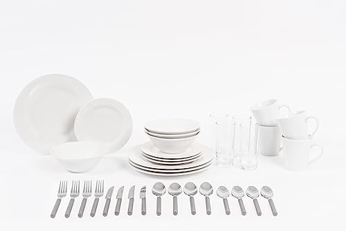 Sabichi 36pc Day to Day White Dinner Set - Microwave & Dishwasher Safe - Plates and Bowls Set for 4-4 X Dinner Plates, 4X Mugs, 4 X Side Plates, 4 X Soup Bowls, 4X Mugs 16x Cutlery, 24.5 x 31 x 33 cm