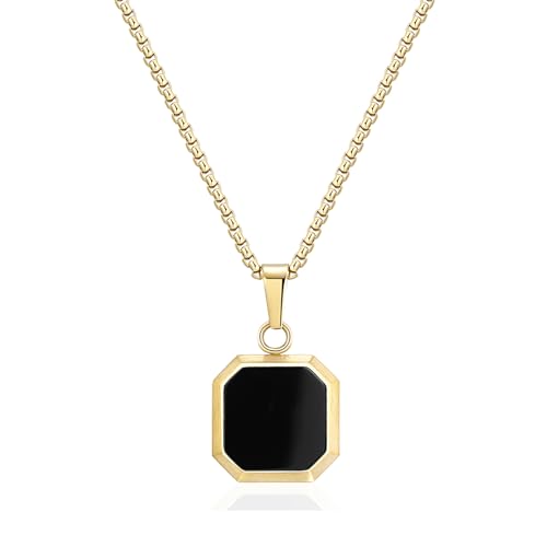 14K Gold Plated Necklace Black Onyx/Opal/Turquoise/Malachite/Lapis Lazuli/Tigers Eye Necklace for Men Women Stainless Steel Square/Rectangle Pendant Necklaces with Box Chain