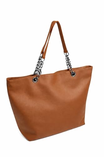 Bolsa Corrente Feminina Grande Couro Ecológico com Zíper, Alça com Corrente e Forro em Cetim Espaçosa, Elegante e Resistente para o uso diario. (Caramelo)