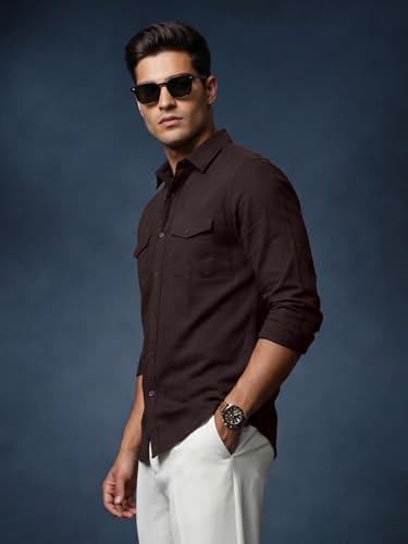 Image of Veirdo Men's Pure Cotton Utility Shirt | Full Sleeve Casual Button-Down with Dual Chest Pockets | Stylish & Comfortable Everyday Wear | Colors: Beige, Black, Maroon, Olive, Rust & White